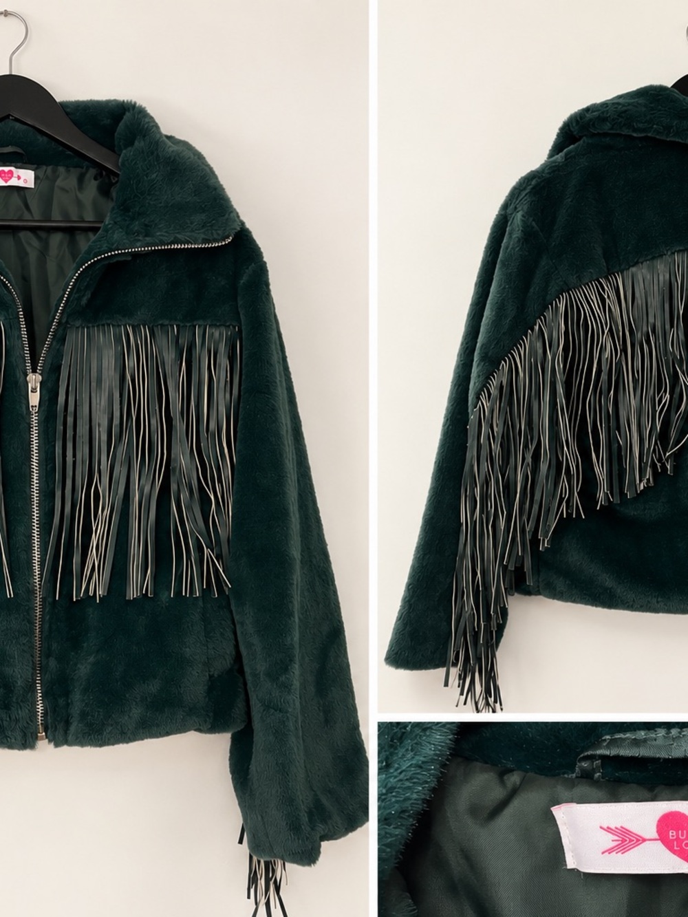 BuddyLove Skylar Fringe Faux Fur Jacket – Green – Size Small